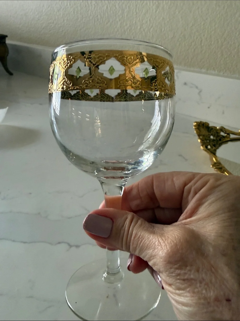 Mid Century Culver Valencia 22 ct Gold Filigree Band Wine Glasses set of 6